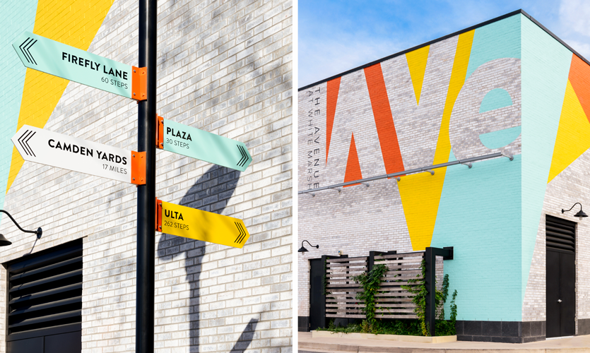 Bold directional signs add pops of brand colors. Color-coded to add visual consistency: blue for project amenities, yellow for tenants, white for regional destinations and dark blue for street names. Photo credit: Vivian Marie Doering